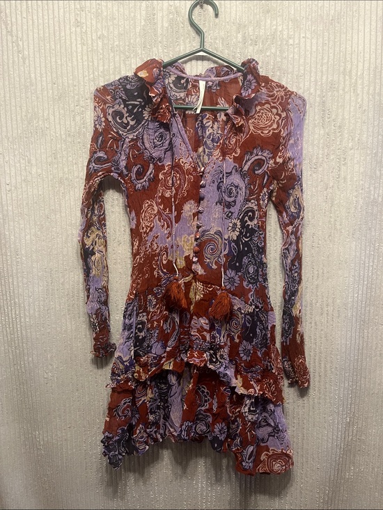 Anthropologie Dresses & Skirts - Anthropologie Rust and Lavender Mixed-Print Tiered Long-Sleeve Dress Small